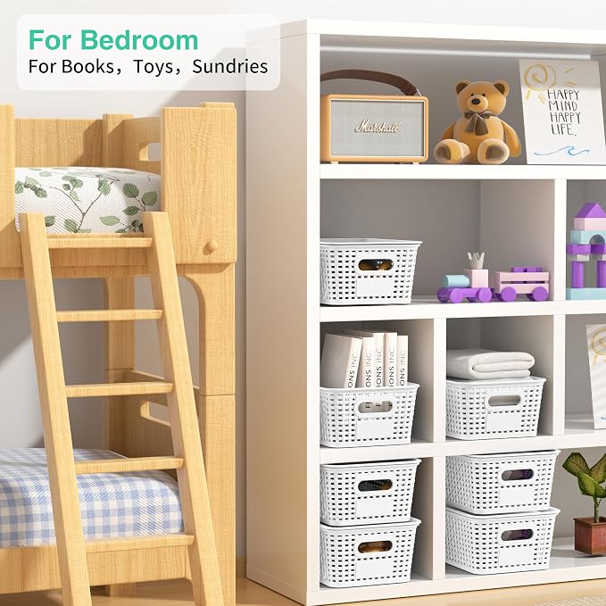 8 Pack Plastic Storage Baskets,White Stackable Bins with Lid | 5.3qt Storage Containers with Labels for Organizing Shelves Drawers Desktop Closet Playroom Classroom Office