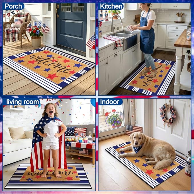 2 Pcs 4th of July Welcome Door Mat Patriotic Star Doormat White Blue Star Door Mats Non-Slip Coir Doormat with Stripes Layered Rug for America 250th Anniversary, Front Porch Entryway Decor