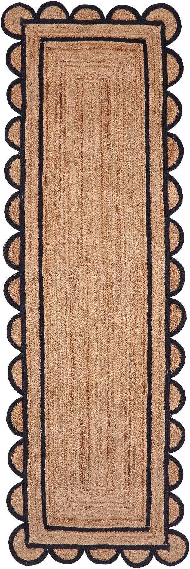 Scalloped Natural Jute Area Rug for Bedroom Living Room, Kitchen, Patio, Hallway, Entryway, Indoor, Outdoor, Farmhouse, Morden Carpet, Door Mat Black, 2x5 ft.