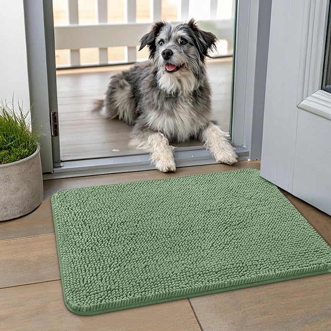 Smiry Dog Door Mat for Muddy Paws 24x16, Absorbent Dirt Trapper, Non-Slip Washable Chenille Entryway Rug for Inside Floor, Olive Green, Classic Solid