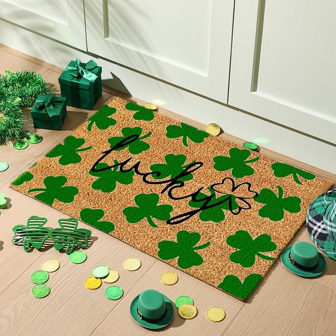 Ceenna St. Patrick's Day Coir Doormat Outdoor Shamrock Lucky Welcome Door Mat Green Clover Non-Slip Rug St. Patrick's Day Front Door Porch Entryway Decor for Indoor Outdoor Home Bathroom Decor