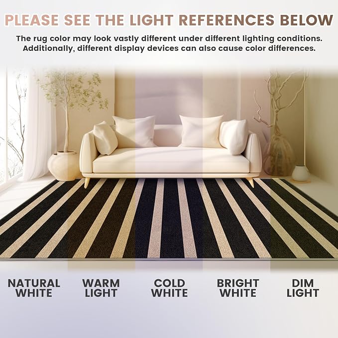 Washable Striped Easy Jute Rug, 5x7 Black Outdoor Indoor Patio Farmhouse Geometric Large Area Rugs, Low Pile Lightweight Non Slip Carpet Mat for Living Dining Room Bedroom Classroom Backyard Kitchen