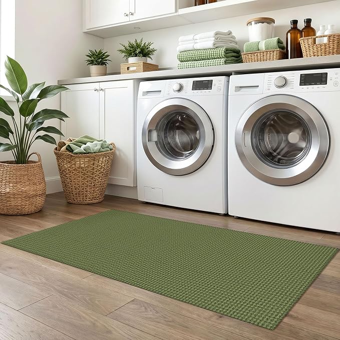 IOHOUZE Washable Runner Rug 2x5 Non Slip Runners for Hallways Entryway Runner Indoor, Kitchen Throw Rug Woven Cotton Floor Carpet for Hall Entrance Bedroom, Olive Green/Earthy Green