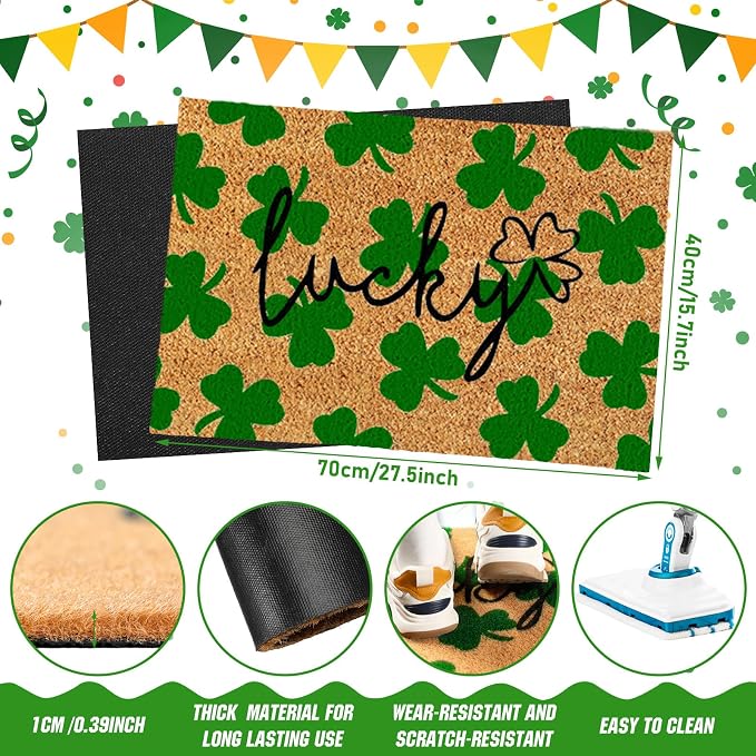 Ceenna St. Patrick's Day Coir Doormat Outdoor Shamrock Lucky Welcome Door Mat Green Clover Non-Slip Rug St. Patrick's Day Front Door Porch Entryway Decor for Indoor Outdoor Home Bathroom Decor