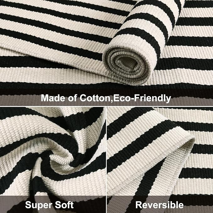LEEVAN 3'X5' Black and White Striped Woven Cotton Reversible Outdoor Rug | Small Machine Washable Front Porch Rug, Entryway Door Mat, Indoor Layering Carpet for Farmhouse Bathroom Laundry