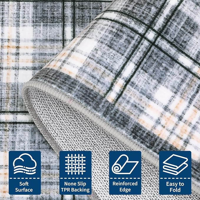 GarveeHome Checkered 2x6 Runner Rug, Machine Washable Stain Resistant Rug with Non Slip Backing, Carpet with Low-Pile for Hallways Kitchen Entryway Bedroom Living Room Grey