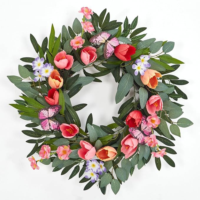 Garvee Spring Wreaths for Front Door, 20 Inch Tulip Wreath | with Colorful Blooms, Eucalyptus Leaves and Butterflies, for Summer Indoor Outdoor Farmhouse Porch Wall Wedding Decor