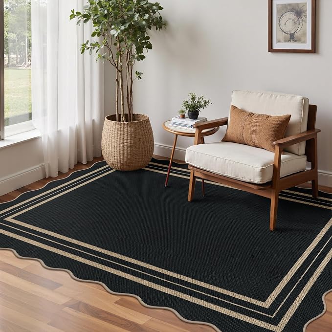 Modern Easy Jute 4x6 Outdoor Patio Rug, Washable Indoor Black Kitchen Rugs Farmhouse Neutral Non Slip Area Rug for Living Room Backyard Bedroom