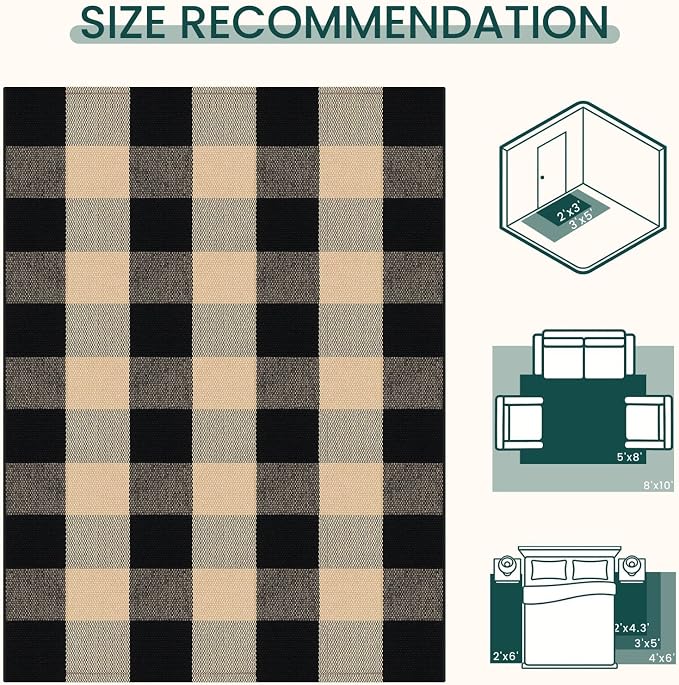 KOZYFLY Buffalo Plaid Area Rugs 2x3 Ft Brown and Black Rug Washable Front Door Mat Woven Cotton Indoor Outdoor Rug for Front Porch Kitchen Entryway Patio Farmhouse Checkered Doormat
