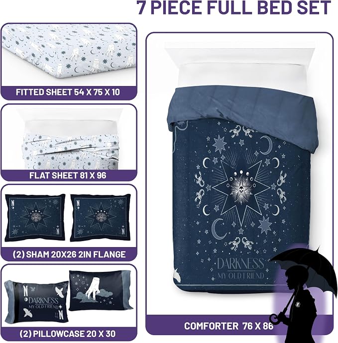 Wednesday Addams Full Comforter Set 7 Piece Bedding for Girls, Blue | Bed in a Bag, Comforter Sheets Shams Pillowcases, Official Product, Soft Microfiber, Machine Washable, Girls Gift