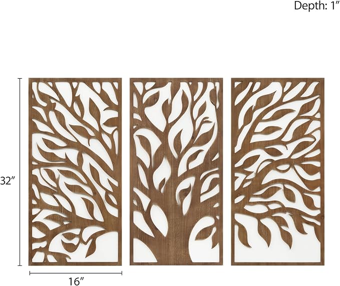 Madison Park Wall Décor for Living Room - Birch Botanical Two-Tone, Home Accent Modern Kitchen Dining Decoration, Ready to Hang 3-Piece Wood Panel Set for Bedroom, 16"W x 32"H, Tree of Life