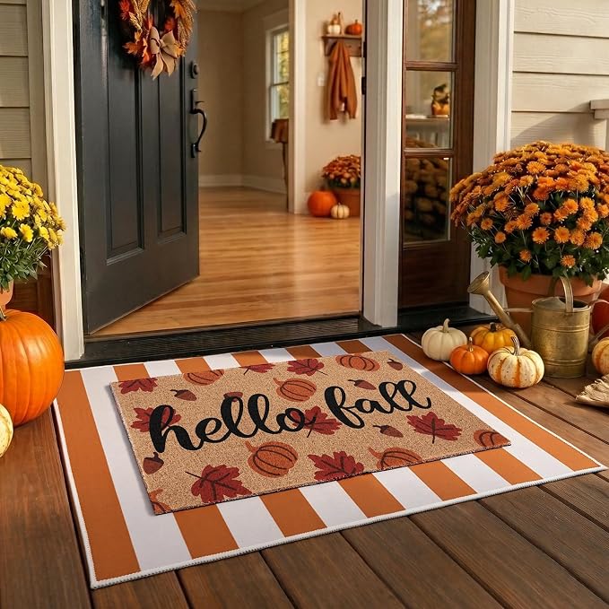 2pcs Hello Fall Doormats with Pumpkins Leaves Pattern Layered Autumn Front Porch Welcome Mat and Striped Crystal Velvet Layering Rug Non Slip Outdoor Entryway Flooring Decor for Thanksgiving