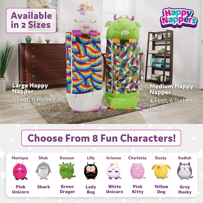 Happy Nappers 2-in-1 Pillow & Sleepy Sack Pink Unicorn, 54x20 Medium | Plush animal opens into a cozy sleeping bag for kids ages 3 and up. Machine washable, soft play pillow for napping at home