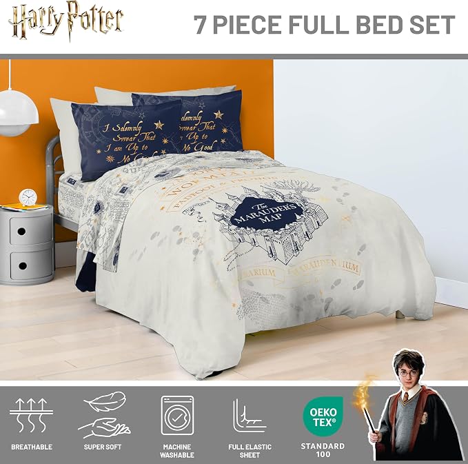 Harry Potter Full Comforter Set 7 Piece Soft Fantasy Bedding, Beige | Hogwarts, Bed in a Bag, Comforter Sheets Shams Pillowcases, Official Product, Soft Microfiber, Machine Washable, Gift