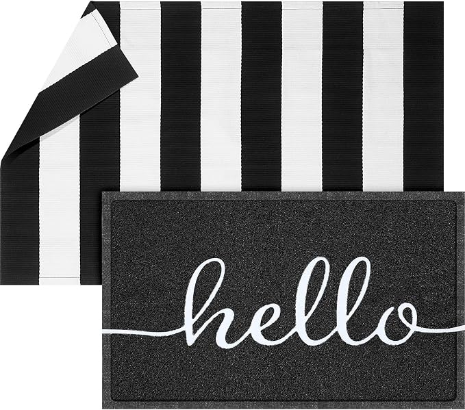 Geelin 2 Pcs 30'' x 18'' Doormat 43'' x 27.5'' Black and White Layered Rug for Front Door Mat Outside Entrance Welcome Door Mats for Indoor Outdoor Entryway Porch Decor(Stripe Hello)