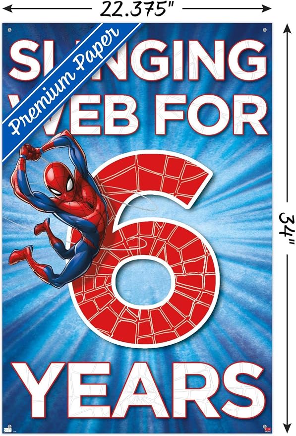 Trends International Marvel Spider-Man - Happy 6th Birthday Wall Poster, 22.37" x 34.00", Premium Poster & Push Pin Bundle