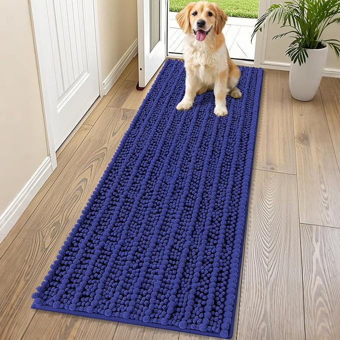 Smiry Dog Door Mat for Muddy Paws 70x24, Absorbent Dirt Trapper, Non-Slip Washable Chenille Entryway Rug for Inside Floor, Navy Blue, Layered Pattern