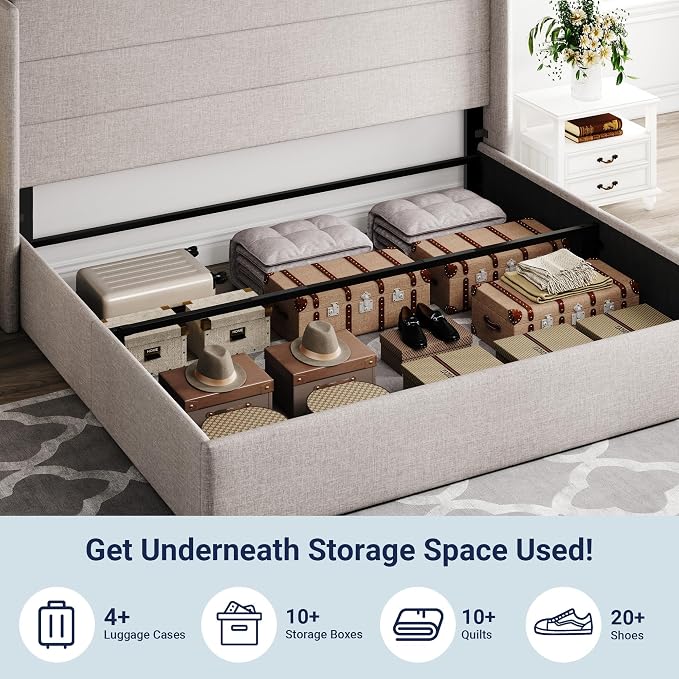 Allewie King Size Lift Up Hydraulic Storage Bed Frame Light Beige | Modern Wingback Headboard, Hydraulic Support Storage, No Box Spring Needed