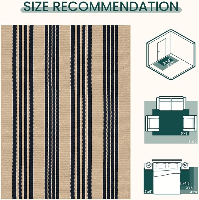 KOZYFLY Striped Rug 3x5 ft Front Door Rugs Cotton Woven Washable Indoor Outdoor Rug Brown Black Entrance Doormat for Front Porch Kitchen Patio Decor Outdoor Mat
