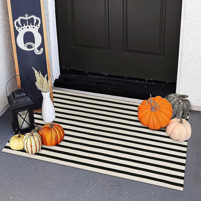 OJIA Front Door Mat 24"x35" Front Door Rug Outdoor Mat Porch Rug Doormat | Black Cream Striped Rug Machine Washable Entry Rug Cotton Woven Indoor Outdoor Small Area Rugs for Entrance/Entryway Decor
