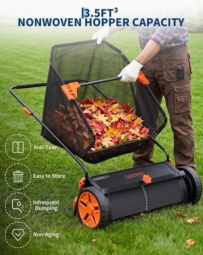 21 Inch Push Lawn Sweeper with Large 3.5 cu ft Collection Bag, Heavy Duty | Steel Frame, 10" Rubber Wheels, 4 Spinning Brushes, Manual Height Adjustment for Leaves Grass and Yard Debris, Black Orange
