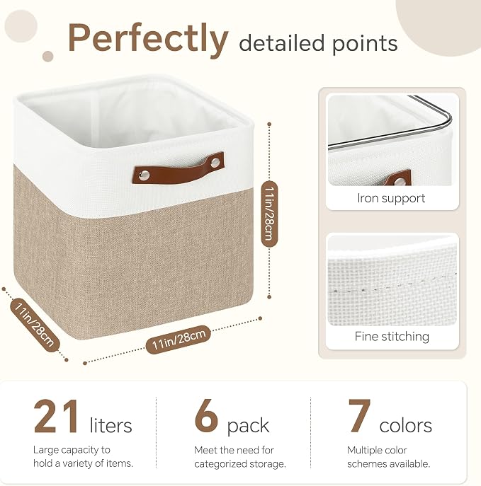 FinishingBo 11 inch Cube Storage Bin 6 Pack, Cube Organizer Bins | Fabric Storage Bins With Handles, 11x11 Storage Cubes, Shelf Basket, White/ Khaki