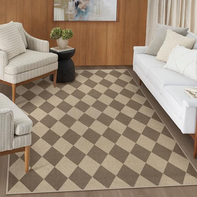 Rugalia Easy Jute 5x7 Outdoor Patio Rug, Washable Brown Checkered Rugs for Living Room, Non-Slip Farmhouse Diamond Outdoor Mat Neutral Abstract Floor Carpet for Patio Dining Room Backyard