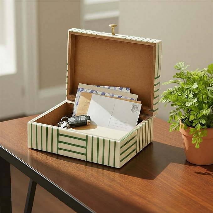 Bloomingville Green & White Striped Resin Storage Box