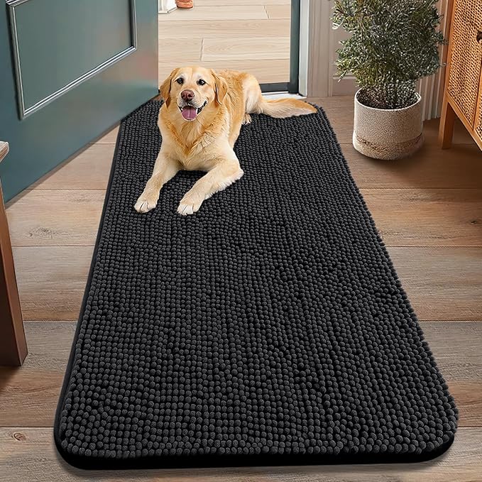 Smiry Dog Door Mat for Muddy Paws 48x30, Absorbent Dirt Trapper, Non-Slip Washable Chenille Entryway Rug for Inside Floor, Black, Classic Solid
