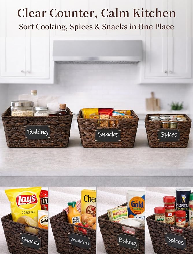 Pantry Baskets, 3 Pack Wicker Storage Baskets for Shelves, Brown | Water Hyacinth Baskets for Organizing, 3-Size Pantry Bins with Chalkboard and Marker for Shelf, Snack, Kitchen, Bathroom