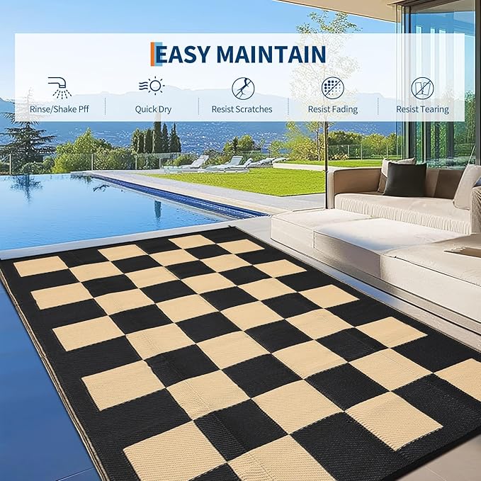 GarveeHome Outdoor Rug 8 x 10 Waterproof Checkboard Woven Carpet, Large Reversible Plastic Straw Rug, Foldable Modern Geometric Plaid Outside Camping Rug for Picnic, Backyard, Deck, Black Brown