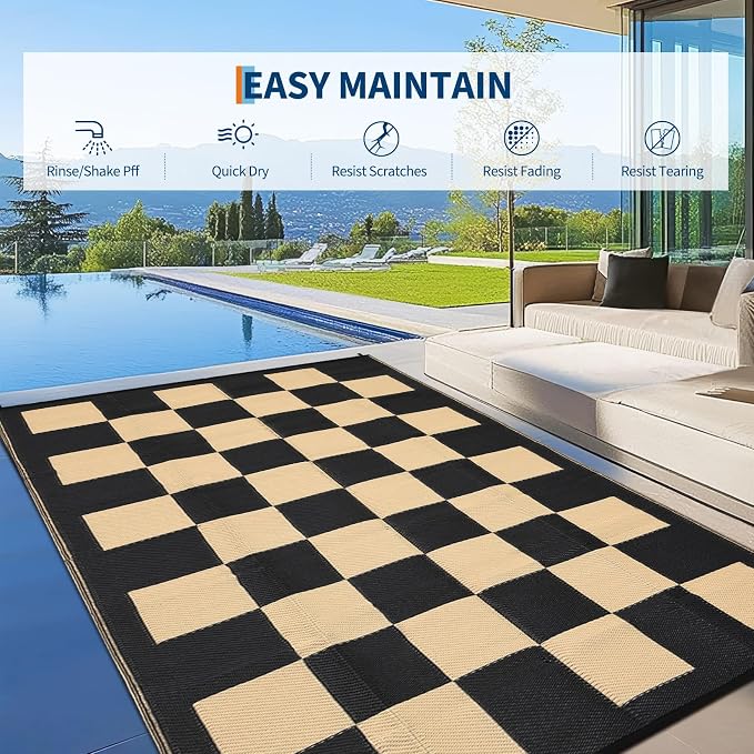 GarveeHome Outdoor Rug 5 x 8 Waterproof Modern Checkboard Plastic Straw Rug, UV-Resistant Outside Woven Camping Rug, Foldable Geometric Plaid Reversible Mat for Backyard, Picnic, Black Brown