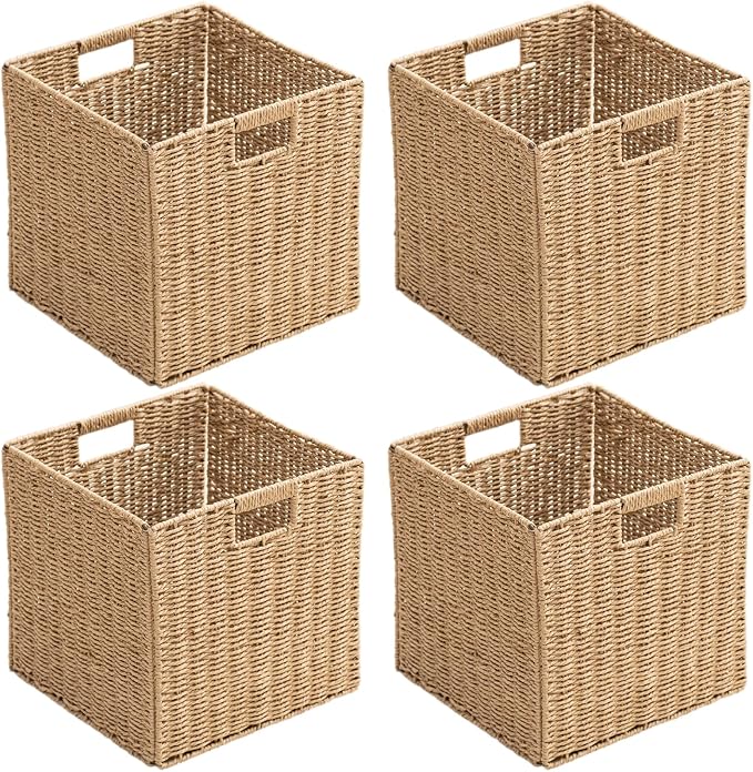 Handwoven Paper Woven Cube Basket Organizer with Handles set of 4 Foldable Storage baskets for Bedroom Living Room Cubby Storage Units for Clothes Books Toys (Natural, 13" L x 13" W x 13" H)