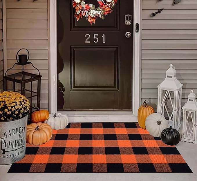 Fall Layered Doormat 27.5 x 43 inch,Orange and Black Plaid Rug Cotton Woven Washable Front Door Mat Outdoor Checkered Area Rug for Porch,Entryway,Farmhouse,Halloween,Indoor,Outdoor