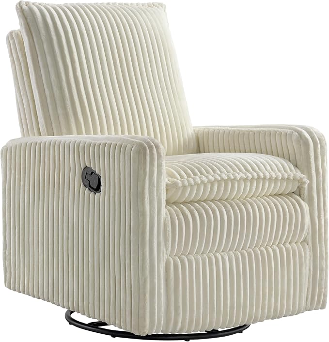Oxford Baby Uptown Upholstered Glider Recliner Rocking Chair 360° Swivel for Nursery and Living Room - Corduroy Pearl White, Green Guard Gold Certified