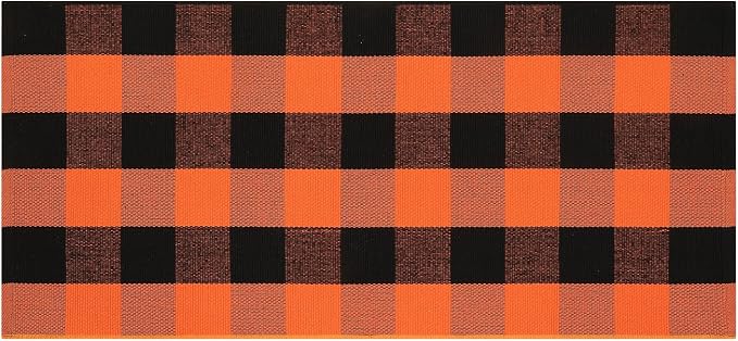 KIMODE Fall Outdoor Rug Buffalo Plaid Orange and Black 24"x51",Washable Cotton Fall Halloween Door Mat,Reversible Checkered Layering Rugs for Entryway,Halloween Front Porch Decor