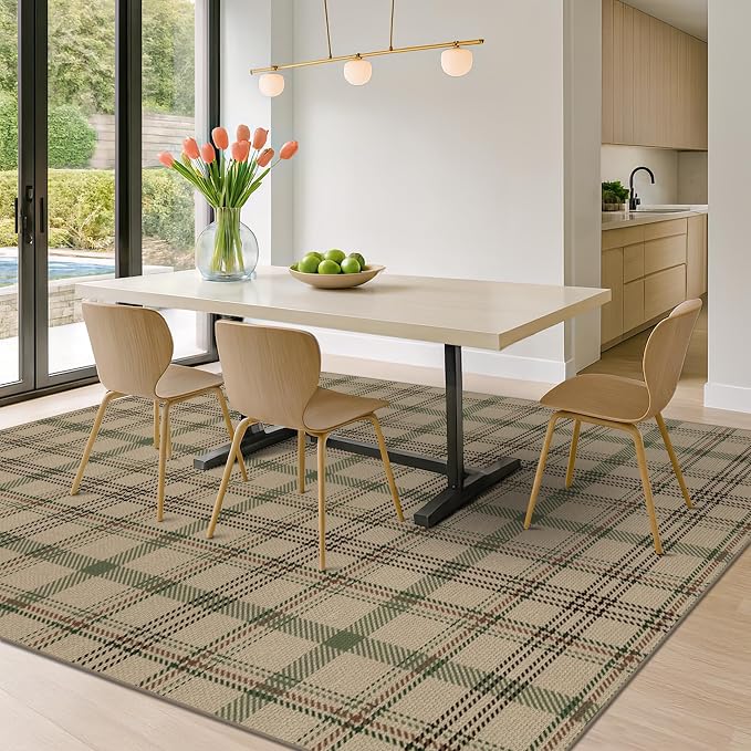 JTJ Easy Jute Plaid Outdoor Rug 8x10, Washable Indoor Outdoor Area Rug for Patio, Porch, Deck, Dining Room, Non Slip Farmhouse Tartan Rug in Sage Green and Beige