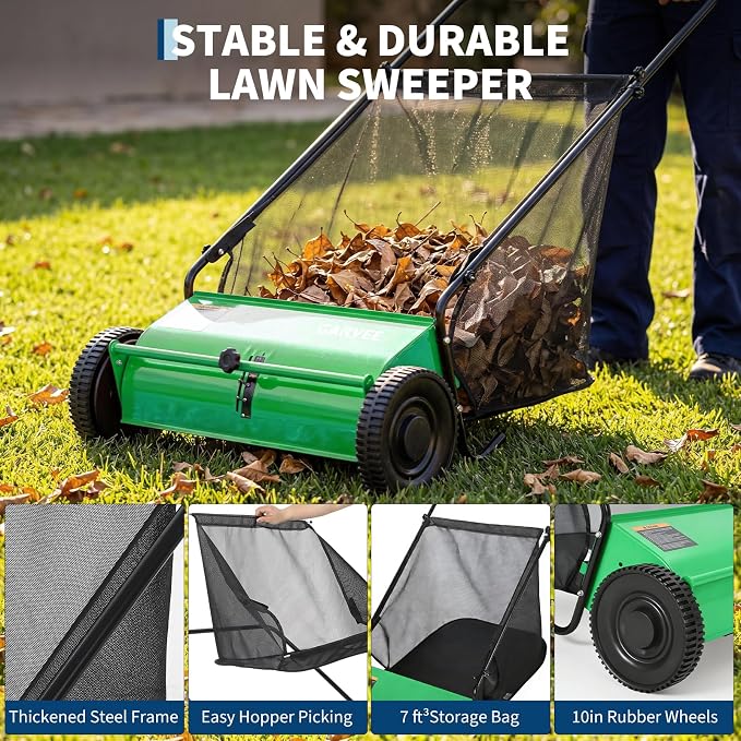 Manual Push Lawn Sweeper 26 Inch- Walk Behind Yard Sweeper for Leaves and Grass,7 Cu. ft. Large Hopper, Height Adjustable, 4 Fast Spinning Brushes