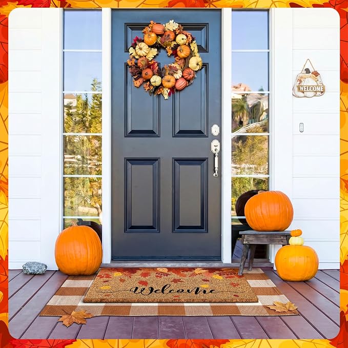 Moucuny 2 Pcs Fall Coir Doormat Outdoor, Maple Leaves Welcome Welcome Doormat 16 x 47, Layered Brown Plaid Rug 24 x 35, Non-Slip Backing, Fall Autumn Porch Entryway Patio Outdoor Decor