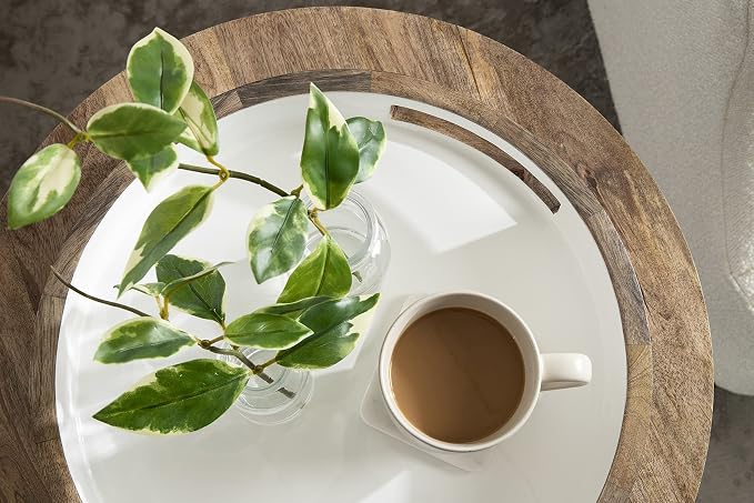 Kate and Laurel Ehrens Boho Wood Tray, 15 Inch Diameter, Natural and White, Round Accent Tray for Transitional Decor