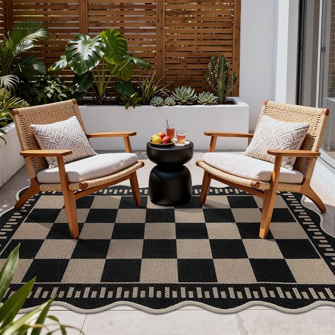 EDIMENS Scalloped Outdoor Rug 3x5 Jute Front Porch Patio Entry Entryway Rug | Checkered Front Door Mat Small Non-Slip Washable Area Rug Carpet Low Pile Black Indoor Farmhouse Doormat for Entrance Doorway