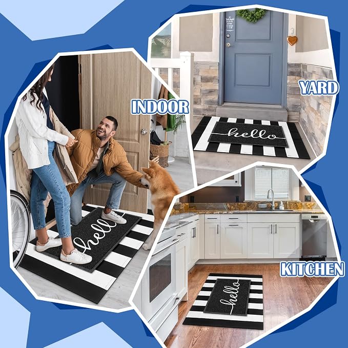 Geelin 2 Pcs 30'' x 18'' Doormat 43'' x 27.5'' Black and White Layered Rug for Front Door Mat Outside Entrance Welcome Door Mats for Indoor Outdoor Entryway Porch Decor(Stripe Hello)