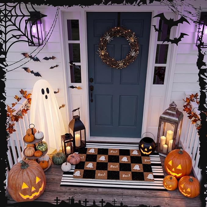 Moucuny 2 Pcs Halloween Coir Doormat Outdoor Boo Ghost Coir Plaid Welcome Mat Layered Black White Striped Outdoor Rugs for Halloween Front Door Porch Porch Entryway Decor,24'' X 35'',16'' X 28''