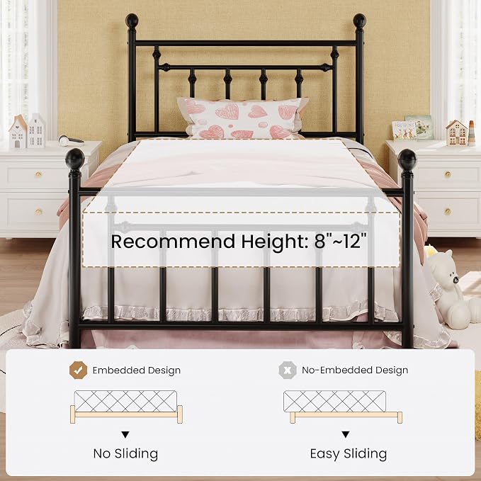 SHA CERLIN 14" Twin Size Metal Platform Bed Frame/Victorian Headboard and Footboard/Steel Slats Mattress Foundation for Storage/No Box Spring Needed/Noise Free/Black