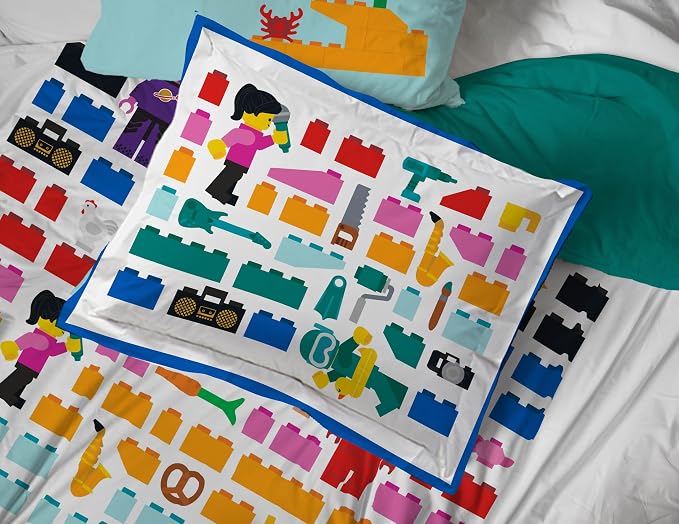 LEGO® Blocks Queen Comforter Set 7 Piece Soft Kids Bedding, White | Bed in a Bag, Comforter Sheets Shams Pillowcases, Official Product, Soft Microfiber, Machine Washable Easy Care, Kids Gift