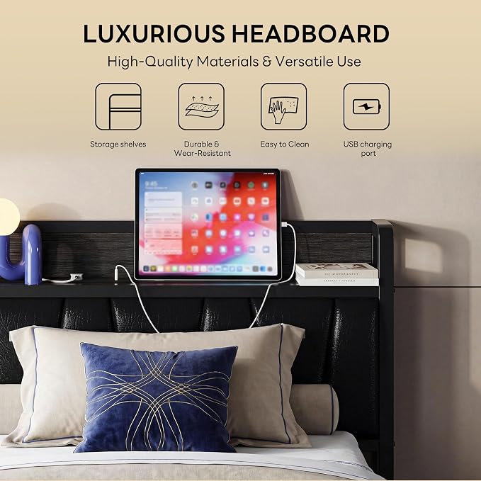 LIKIMIO Twin XL Bed Frames, PU Leather Storage Headboard with Charging Station, Solid and Stable, Noise Free, No Box Spring Needed, Easy Assembly, Black