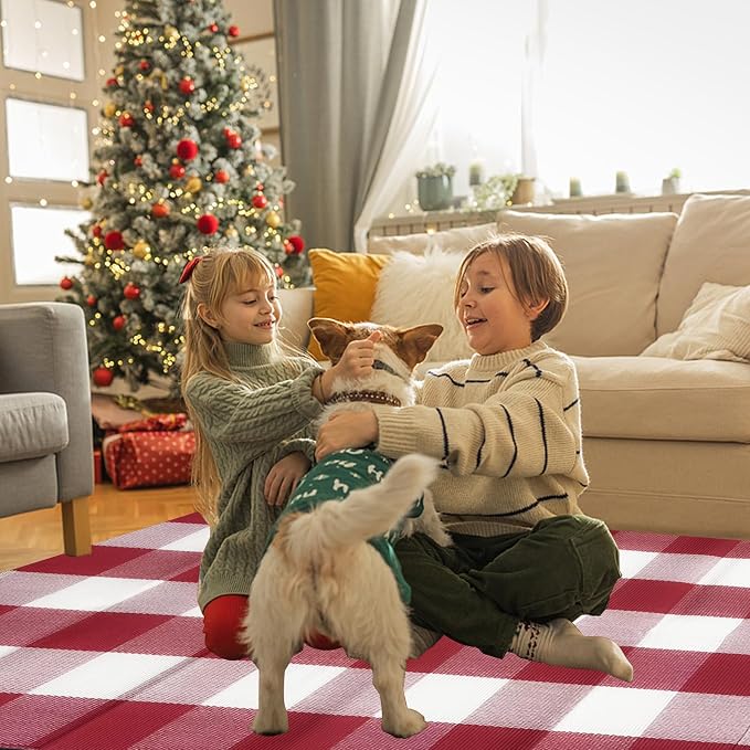 27.5"x43" Outdoor Rug, Red and White Front Door Mat, Cotton Woven Entryway Rug, Washable Layering Rug for Front Porch Christmas Outdoor Decor