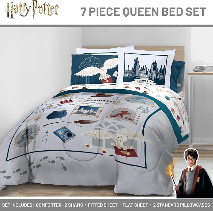 Harry Potter Queen Comforter Set 7 Piece Soft Hogwarts Bedding, Grey | Hedwig, Bed in a Bag, Comforter Sheets Shams Pillowcases, Official Product, Soft Microfiber, Machine Washable, Kids Gift