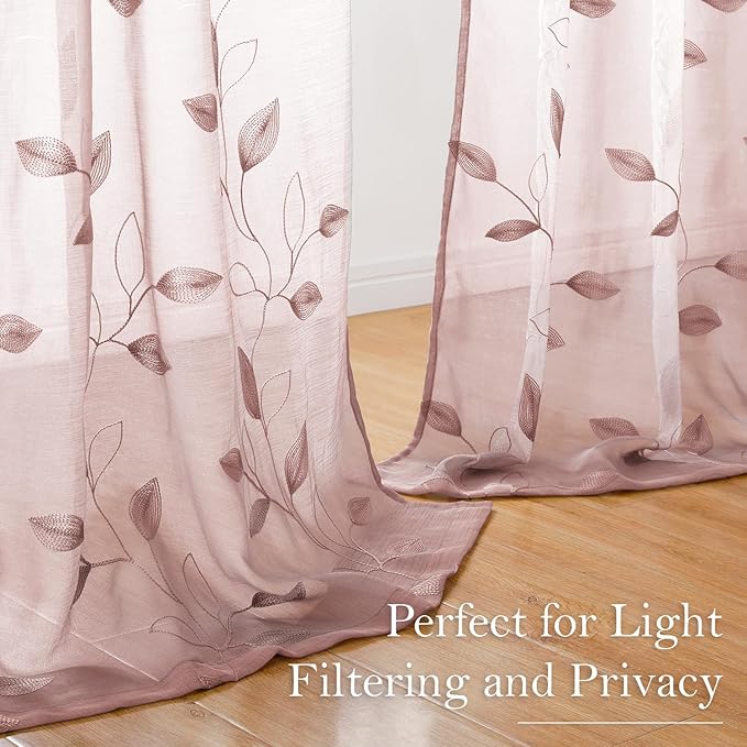 HOMEIDEAS Blush Pink Floral Sheer Curtains 84 Inches Long 2 Panels Embroidered - Image 4