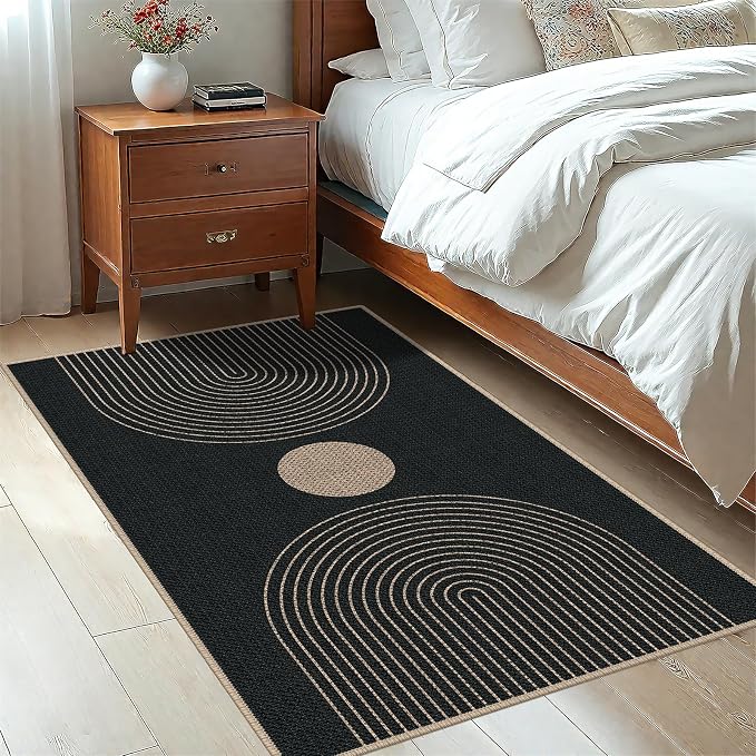 Easy Jute 3x5 Black Rainbow Area Rug,Washable Entryway Rug, Modern Door Carpet,Neutral Non-Slip Outdoor Indoor Farmhouse Rug for Living Room Kitchen Patio Bedroom